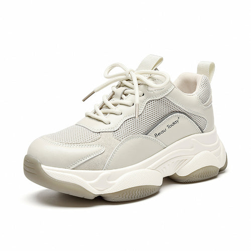 Beautoday Chunky Sneakers Women Mesh Leather Platform Shoes Mixed