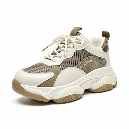 Beautoday Chunky Sneakers Women Mesh Leather Platform Shoes Mixed