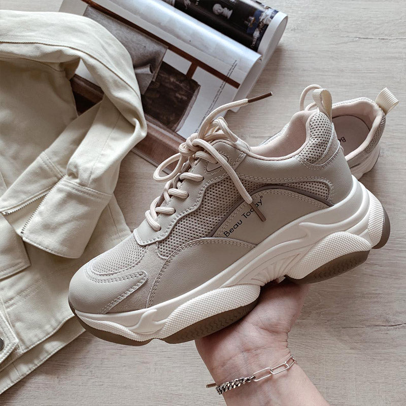 Beautoday Chunky Sneakers Women Mesh Leather Platform Shoes Mixed