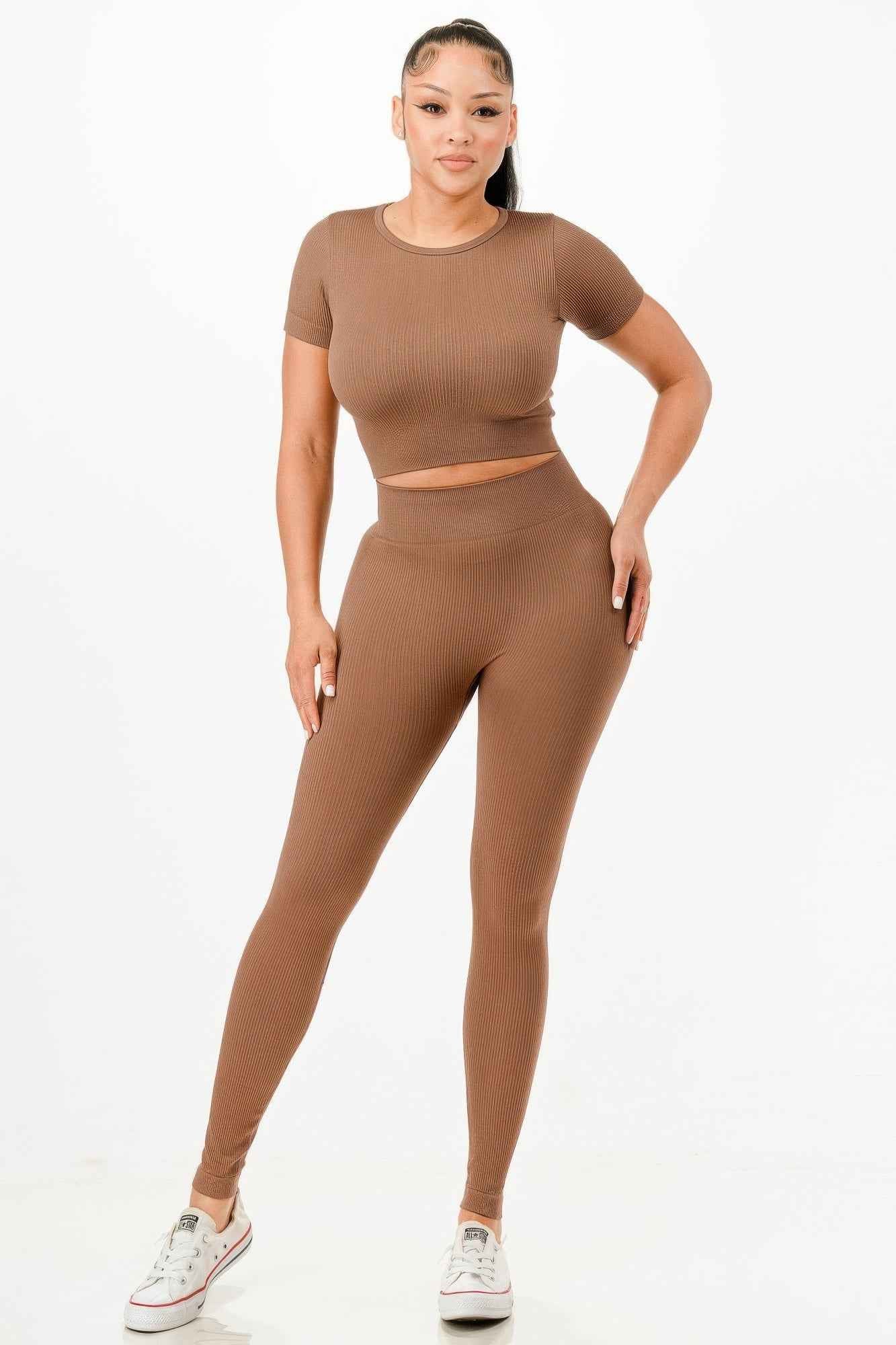 Ribbed Seamless T-shirt And Leggings Set
