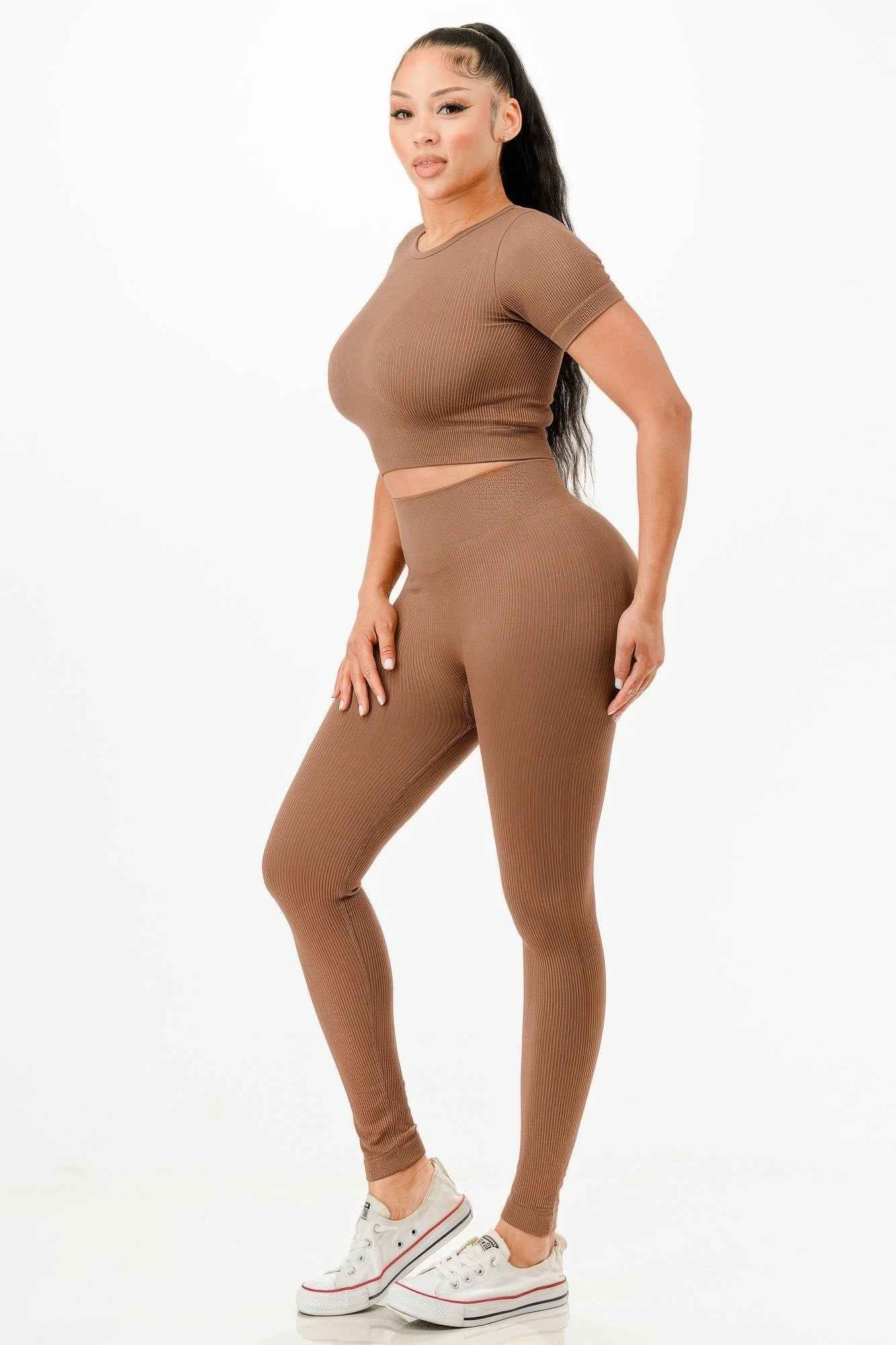 Ribbed Seamless T-shirt And Leggings Set