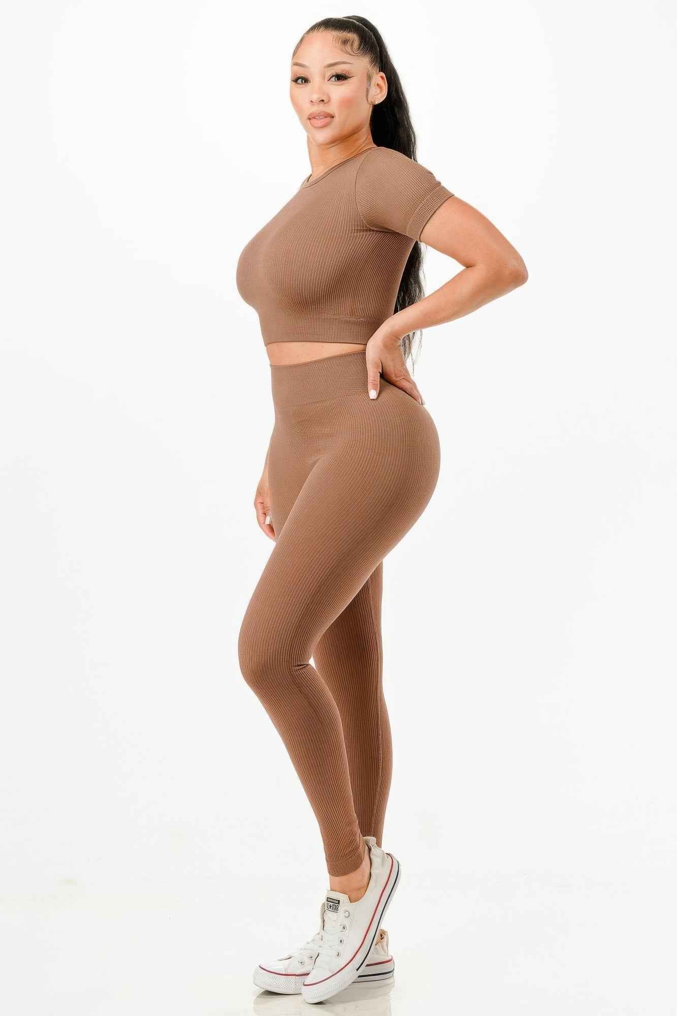 Ribbed Seamless T-shirt And Leggings Set