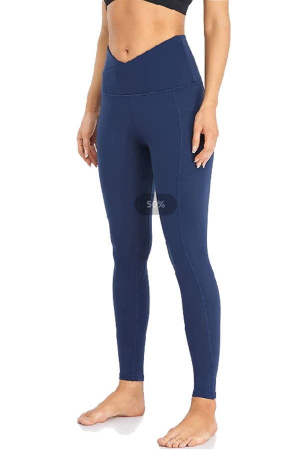 Cross waist band fashion yoga skinny legging pants w/pockets