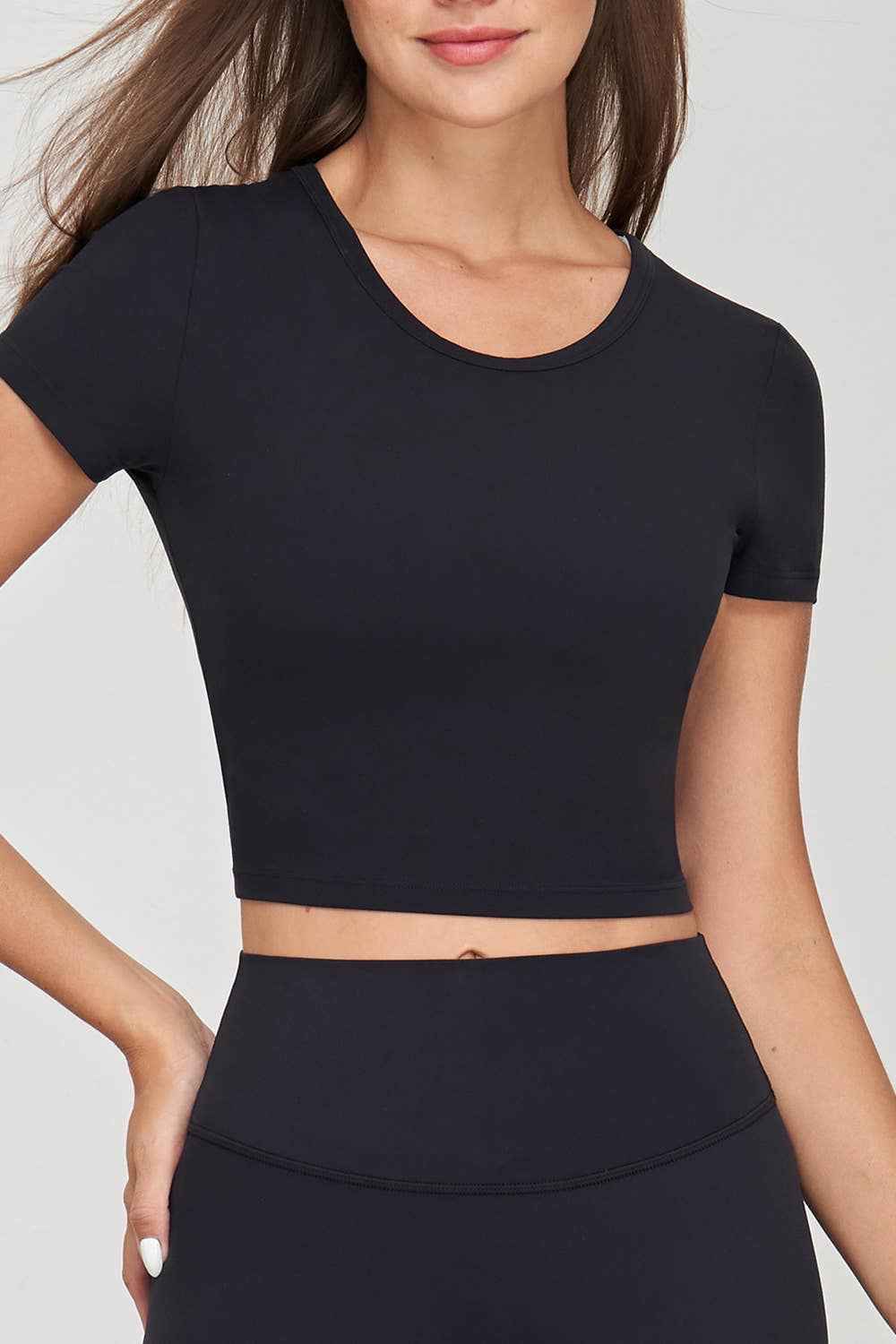 Color 5 - Black seamless short sleeve  basic round neck crop t shirt