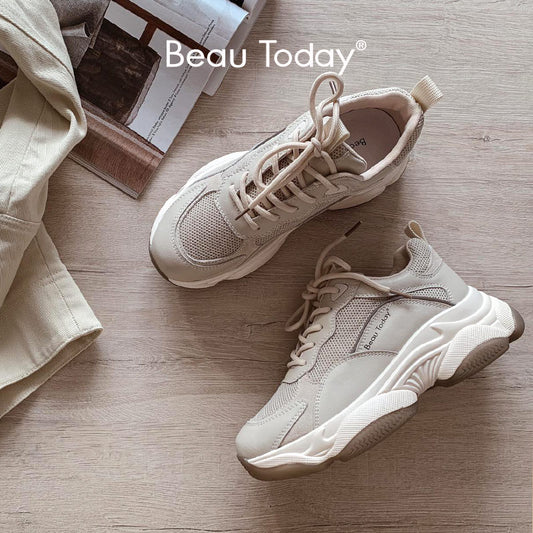 Beautoday Chunky Sneakers Women Mesh Leather Platform Shoes Mixed