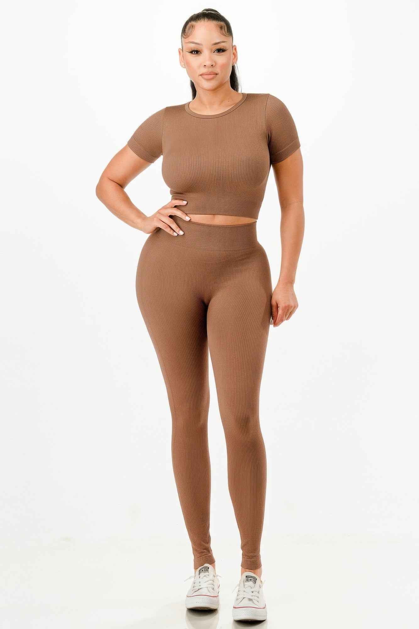 Ribbed Seamless T-shirt And Leggings Set