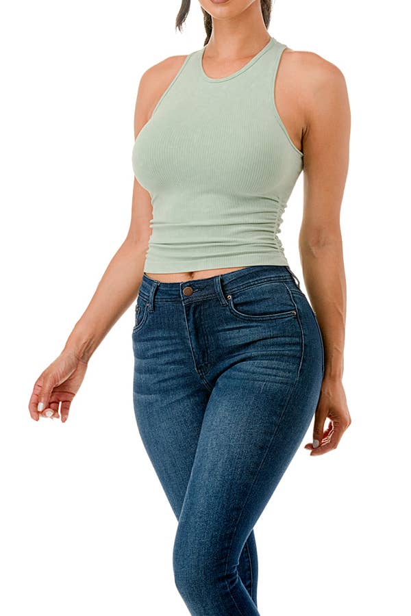 Seamless mineral washed tank top with side shirred style