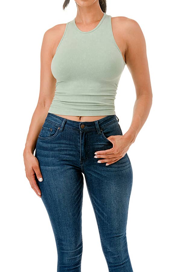 Seamless mineral washed tank top with side shirred style