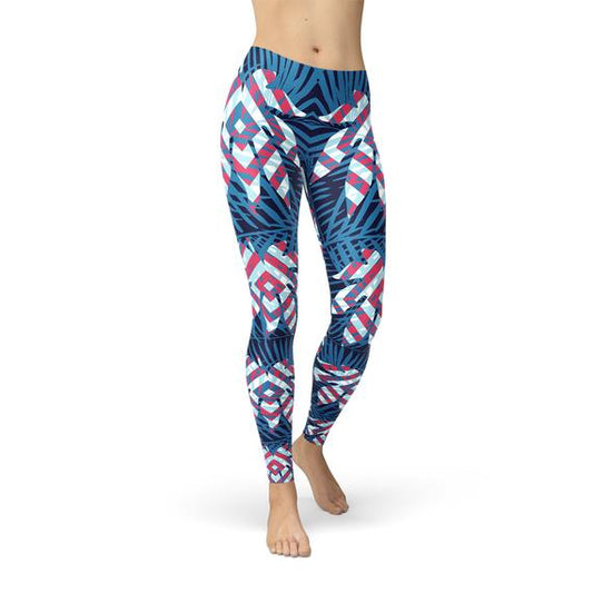 Blue Tropical Leaf Leggings for Women